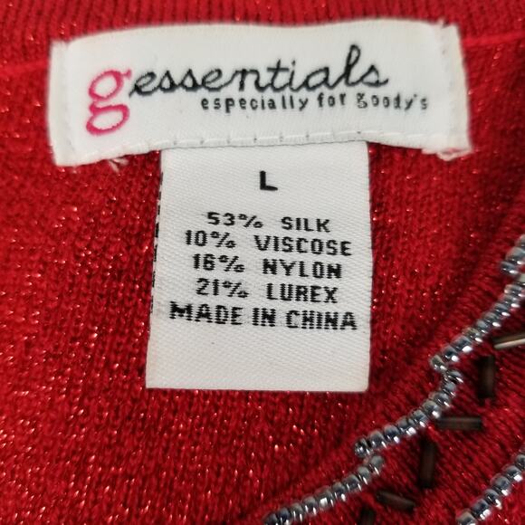 Essentials Red Sleeveless Silk Blend Embellished Rhinestones Beads Top EUC LG - Picture 9 of 9